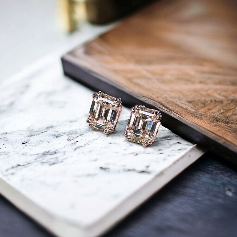 NEW Solid 925 Sterling Silver Prong Set Emerald Cut High Carbon Sparkling Studs - Picture 8 of 16